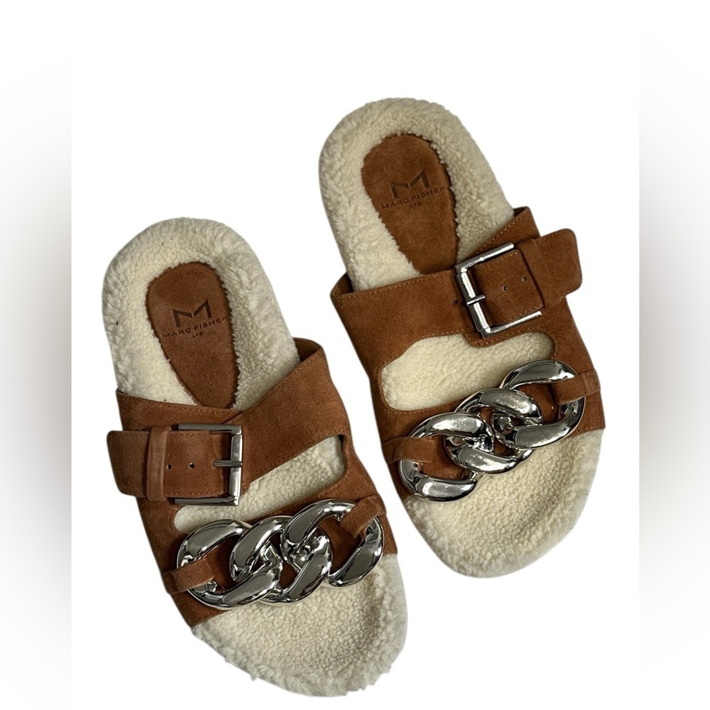 Marc Fisher LTD Flats Slip On Brown Suede Sherpa Sandals Silver Chain Slides 5
